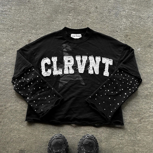 Camisetas de algodón grueso lavado desgastado Vintage para hombre, camiseta de manga larga con diamantes de imitación y logotipo de serigrafía personalizado de doble capa - Product Image 2