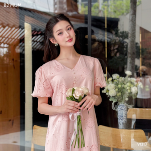 Robe courte imprimée d'été V1313 respirante et absorbant la transpiration, rose, à manches longues, vêtements de maternité pour femmes enceintes, vente en gros - Product Image 3