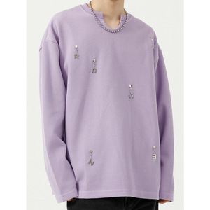 Usine personnalisée hommes gaufré T-Shirt à manches longues aiguille goutte déchiré côtes col rond sweat sweat à capuche en coton expédition DDP - Product Image 1