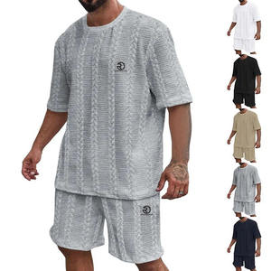 Ensemble décontracté d'été pour homme en coton tricoté 100 %, pull à col rond et manches courtes, couleur unie, avec short et chemise, design respirant - Product Image 5