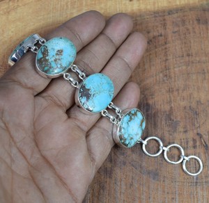 Genuina Plata de Ley 925 Natural azul negro turquesa ovalado cabujón bisel ajuste cadena de eslabones pulsera Vintage para mujer - Product Image 5