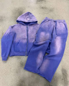 Custom Sun Faded Distressed Acid Wash Zip up Vintage Sweatsuit Chándales Sudadera con capucha en blanco y pantalones de chándal Set para hombres - Product Image 1