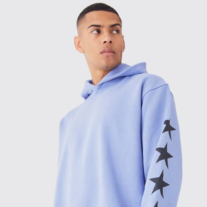 Conjunto de chándal de algodón OEM personalizado para hombre Sudadera con capucha estampada con dobladillo crudo y pantalones de Jogger apilados acampanados Traje de dos piezas - Product Image 6