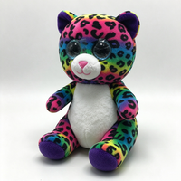 Peluche unique chat imprimé léopard arc-en-ciel, adorable chat en peluche aux grands yeux scintillants, poupée chat assise douce