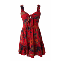 Robe de cocktail en mousseline de coton rouge à imprimé abstrait, avec volants, col cœur, coupe mini trapèze ample, tissée, à nouer, pour l'été