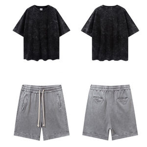 Ensemble T-shirt et short décontracté unisexe en coton 100% délavé, écologique, avec logo personnalisé, vêtements de sport, étiquette privée en relief 3D - Product Image 3