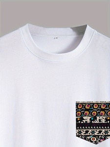 เสื้อยืดผ้าฝ้ายสีขาวพร้อมกระเป๋าพิมพ์ลาย | เสื้อยืดลำลองแขนสั้นของผู้ชายเสื้อยืดปักลายผู้ผลิตเสื้อ - Product Image 2