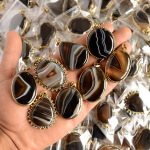 Agate naturelle à bandes noires en argent allemand plaqué or Cabochon bijoux en pierres précieuses pendentif fait main cristal guérison pendentif en vrac - Product Image 1