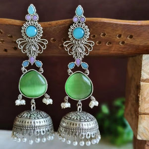 Boucles d'oreilles pendantes en pierre Monalisa, boucles d'oreilles Jhumka en argent, légères, bijoux indiens traditionnels, accessoire de vente en gros - Product Image 6