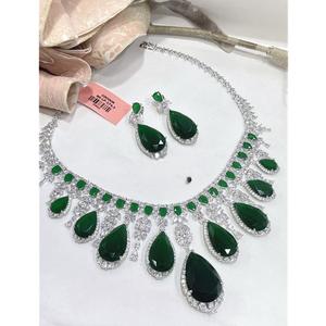 Stylish <b>Silver</b> Finish Moissanite Statement <b>Necklace</b> Earrings <b>Set</b> Women Traditional Wedding Engagement Gift Party Wear Jewelry - Product Image 1