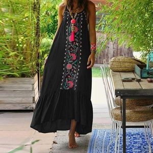 Robe d'été tendance pour femme, style kaftan noir décontracté, manches longues, col bateau, broderies en organza, longueur genou, style mexicain - Product Image 2