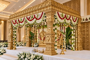 Exquisito Mandap Tradicional Hindú del Sur de la India para Bodas, Mandap de Madera Dorada con Decoración Floral para Decoración de Bodas en EE. UU. - Product Image 3