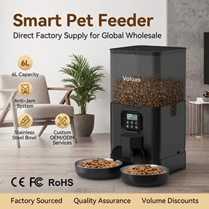 Vente en gros de distributeur automatique de nourriture pour animaux de compagnie en plastique de 6 L avec bol en acier inoxydable SUS304, enregistrement vocal, vente directe d'usine - Product Image 1