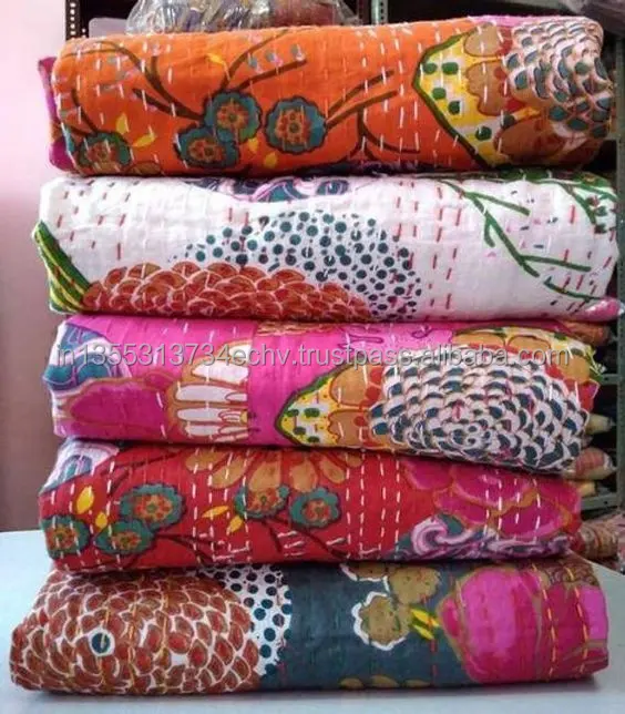 90 "X60" 인도 Kantha 퀼트 인도 열대 꽃 인쇄 Kantha 침대보, Kantha 담요 Kantha Bedcover, 가역 Gudari