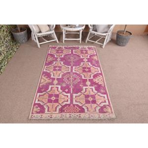 4x7.2 ft Rug, Turkish Vintage Rug, Pink <b>Yellow</b> Check <b>Wool</b> Rug - Product Image 1