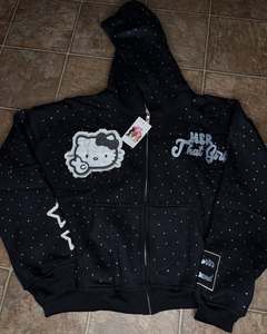 Sweats à capuche personnalisés en éponge française 100% coton avec fermeture éclair et applique de broderie en détresse avec strass pour hommes - Product Image 1