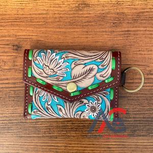 Western Women <b>Mini</b> <b>Hand</b> Tooled Leather Key Chain Coin Purse Minimalist Genuine Leather Floral Small Pouch Most Practical Wallets - Product Image 1