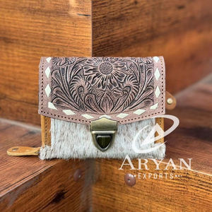 New Arrival Real Handmade Hand Tooled Hair on Genuine Leather <b>Wallet</b> Western Women Style Cowhide <b>Wallet</b> Wholesale Luxury <b>Wallets</b> - Product Image 1
