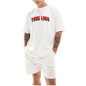 OEM/ODM 100% coton 250 GSM 2 pièces T-shirt et short à manches courtes et col en O Ensemble jumeau personnalisé avec logo imprimé DTG pour hommes - Product Image 1