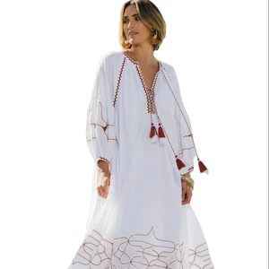 Nouveau rétro robe d'été femmes robe d'été dames décontracté bohème robe longue solide robe de plage à manches courtes coton lin - Product Image 2