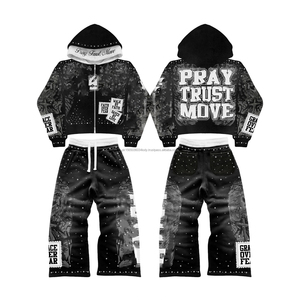 Conjuntos de punto gofrado personalizados para mujer, chaqueta térmica con cremallera y pantalones acampanados, chándal de 2 piezas para hombre y mujer - Product Image 2