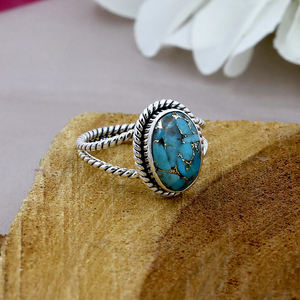 แหวนเงินแท้ 925 ประดับพลอยเทอร์ควอยซ์สีน้ำเงินธรรมชาติ รูปทรงวงรี 9x11 มม. งานฝีมือ ขายส่งจากโรงงาน เครื่องประดับสไตล์โบฮีเมียน - Product Image 6