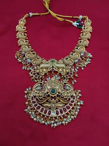 Ensemble de collier de mariée long traditionnel du sud de l'Inde avec pierres plaquées or vintage et boucles d'oreilles pour mariage, fiançailles, fête - Product Image 4