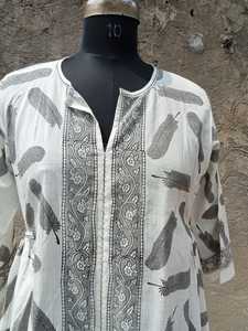 Hand-Printed White Indian Cotton Long Maxi Gown Stunning Breezy <b>Beach</b> Party Wear with Natural Waistline - Product Image 3