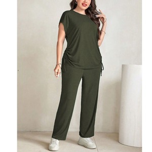 Haute qualité femmes automne solide bouton deux pièces ensemble demi manches T-shirt coupe ajustée 100% coton bas haut de BD - Product Image 3