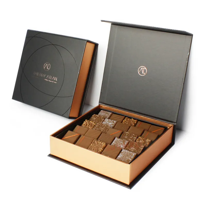 Роскошные пустые подарочные коробки для шоколадных трюфелей с откидной крышкой и магнитной печатью, черная картонная коробка для упаковки шоколада