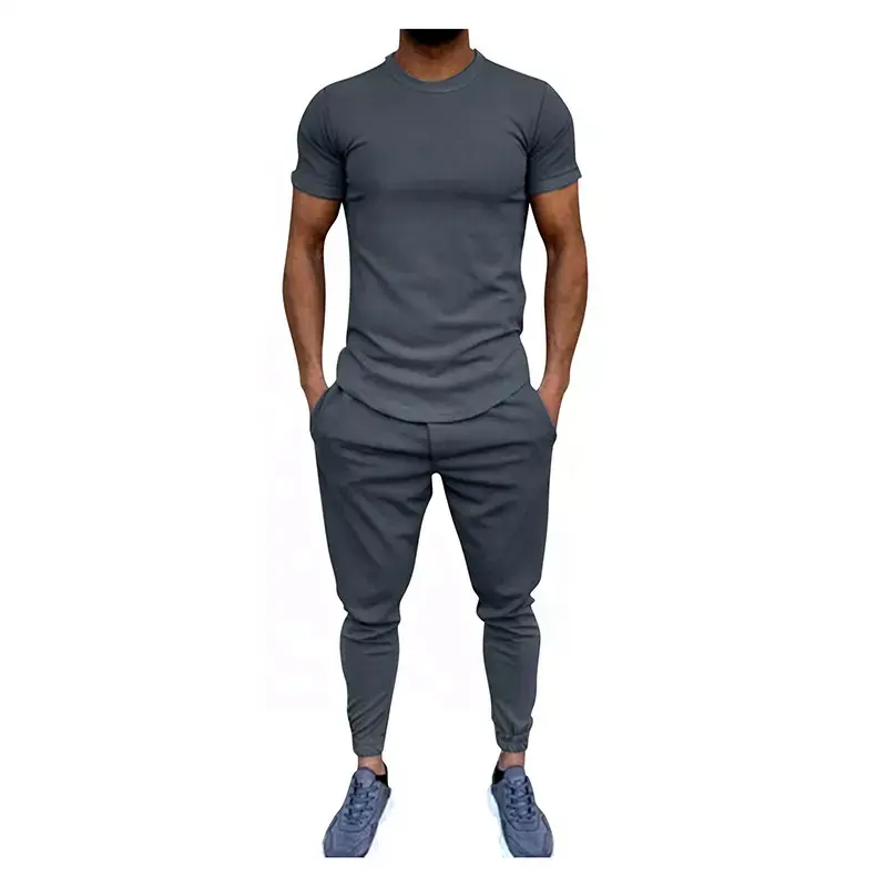 OEM Men's Summer Lightweight Sport Solid Color Two-Piece Set Gym T-Shirt and Jogger Pants Simple Two-Piece Set