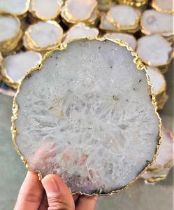 White <b>Agate</b> Crystal Stone White with Gold Edge <b>Coaster</b> - Product Image 1