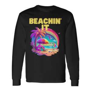 Camiseta promocional de manga larga a la moda con diseño de arcoíris de playa colorido de verano de los años 80 de Beachin It Retro - Product Image 1