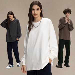 T-shirt lourd 100% coton Streetwear manches longues hommes surdimensionné uni teint blanc solide T-shirt pour hommes - Product Image 1