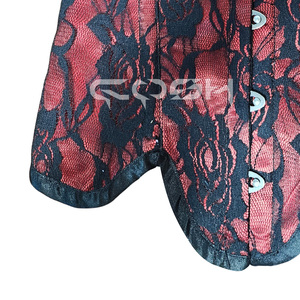 Corset bustier rouge en satin avec empiècements floraux noirs en résille, baleines en acier et bonnets en satin - Product Image 5