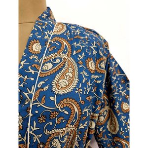 Robe Kimono Bohème Chic Indienne Printemps Luxe Plage Vacances Paisley Persan Bleu Royal Imprimé Main Jaipur Pur Coton Fourniture ODM - Product Image 2