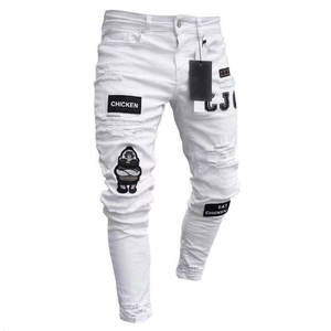 Nouveau Style hommes et femmes en détresse détruit Badge pantalon Art patchs Skinny Biker blanc jean Slim pantalon hommes et femmes Denim - Product Image 2