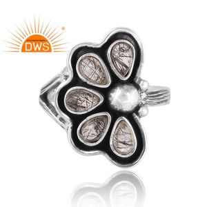 Anillo ajustable de piedras preciosas de rutilo negro natural plata esterlina oxidada diseño hecho a mano fabricante de joyas - Product Image 2