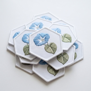 Custom Patch Brand Supplier Hexagon Morning Glory Light Blue <b>Flower</b> Badge White Twill Matching Border Iron On <b>Applique</b> - Product Image 1