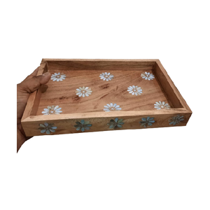 Style arabe Ramadan Eid cadeau Acacia bois vadrouille incrustation plateau artisanat de qualité avec marbre décoratif pour le service à la maison - Product Image 2