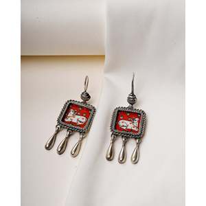 Women's 925 Sterling Silver Fashion <b>Drop</b> <b>Earrings</b> with <b>Red</b> White Nandi Hasthkala Animal Shape Design Bezel Setting 6cm Hinduism - Product Image 1