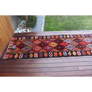 2.6x13.9 ft Vintage <b>Runner</b> Rug, <b>Red</b> Orange Turkish Ikat Wool Rug - Product Image 3