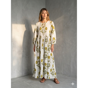 Robe longue en coton à motifs floraux inspirée du style artisanal - Élégante robe d'été respirante vert sauge et moutarde, longueur genou, pour les sorties décontractées ODM - Product Image 1