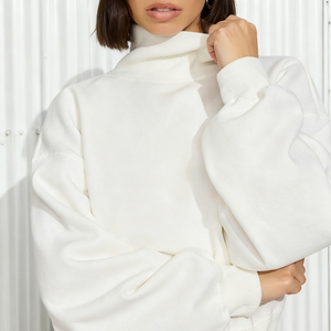 Sudadera Personalizada de Invierno, Larga, Informal, de Algodón Grueso, con Bordado de Letras, Hombros Caídos, Cuello Alto Simulado, para Mujer - Product Image 1
