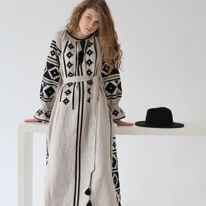Vestido de mujer ucraniano tejido estampado Digital bordado Maxi lino/algodón manga larga vibrante último diseñador al por mayor - Product Image 1