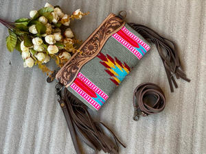 Aztec Saddle <b>Blanket</b> Leather Handbag Hand Tooled Leather Fringe Sling Handbag Western Style Designer Crossbody Handbag - Product Image 4