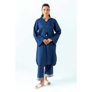 ชุดเซ็ตผ้าเครปสีน้ำเงินกรมท่า แต่งลายริ้วและปักลาย สำหรับฤดูใบไม้ผลิ/ฤดูร้อน สวมใส่สบาย - Product Image 4