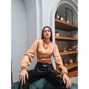 Blusa Corta de Satén para Mujer Mybeefashion, Elegante Top Marrón de Mezcla de Algodón y Poliéster para Uso Casual y Diario, Tallas S-L - Product Image 2