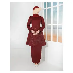 SIPO现代刺绣和珠子穆斯林伊斯兰服装女性纯色中庸套装马来西亚Kebaya Baju Kurung