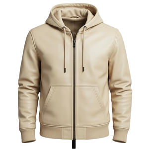 <b>Mens</b> Beige Leather Zip <b>Hoodie</b> Premium Faux Leather Hooded Jacket Full Zipper Winter Casual Streetwear Wholesale Manufacturer - Product Image 1